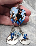 Foo Fighters Dave Grohl Guitar Pick Earrings with Rock on Charms and Swarovski Crystal Dangles