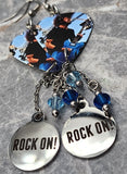 Foo Fighters Dave Grohl Guitar Pick Earrings with Rock on Charms and Swarovski Crystal Dangles