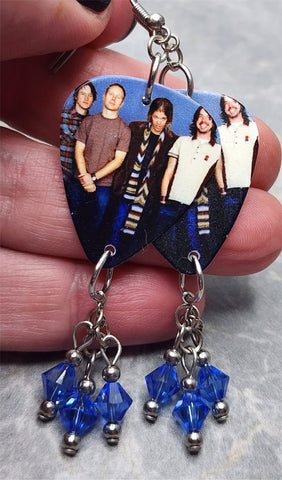 Foo Fighters Group Picture Guitar Pick Earrings with Blue Swarovski Crystal Dangles