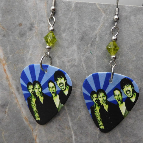 Foo Fighters Guitar Pick Earrings with Lime Green Swarovski Crystals