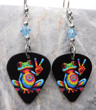 Tie Dye and Peace Sign Frog Guitar Pick Earrings with Aqua Blue Swarovski Crystals