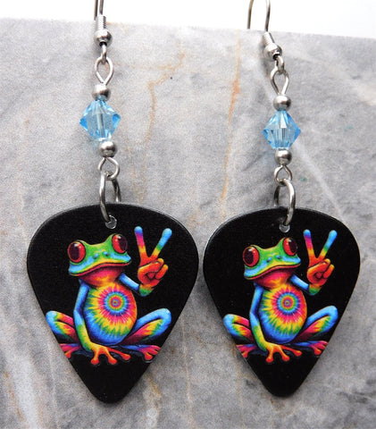 Tie Dye and Peace Sign Frog Guitar Pick Earrings with Aqua Blue Swarovski Crystals