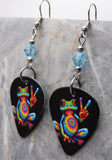 Tie Dye and Peace Sign Frog Guitar Pick Earrings with Aqua Blue Swarovski Crystals