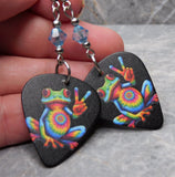 Tie Dye and Peace Sign Frog Guitar Pick Earrings with Aqua Blue Swarovski Crystals