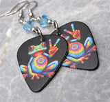 Tie Dye and Peace Sign Frog Guitar Pick Earrings with Aqua Blue Swarovski Crystals