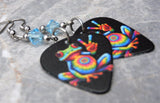 Tie Dye and Peace Sign Frog Guitar Pick Earrings with Aqua Blue Swarovski Crystals