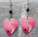 Ghost and Black Cat on Pink Guitar Pick Earrings with Black Swarovski Crystals