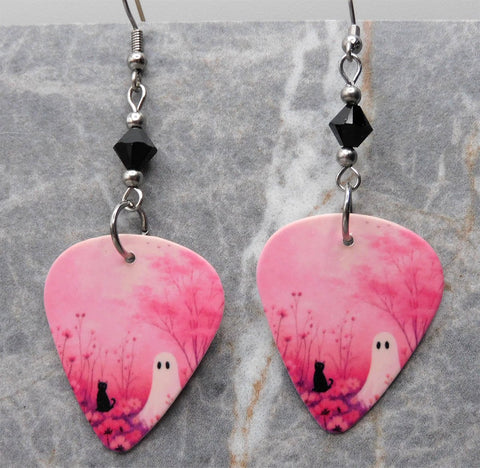 Ghost and Black Cat on Pink Guitar Pick Earrings with Black Swarovski Crystals