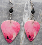 Ghost and Black Cat on Pink Guitar Pick Earrings with Black Swarovski Crystals