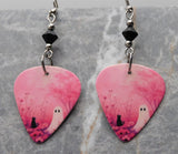 Ghost and Black Cat on Pink Guitar Pick Earrings with Black Swarovski Crystals