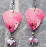 Ghost and Black Cat on Pink Guitar Pick Earrings with Swarovski Crystal Dangles