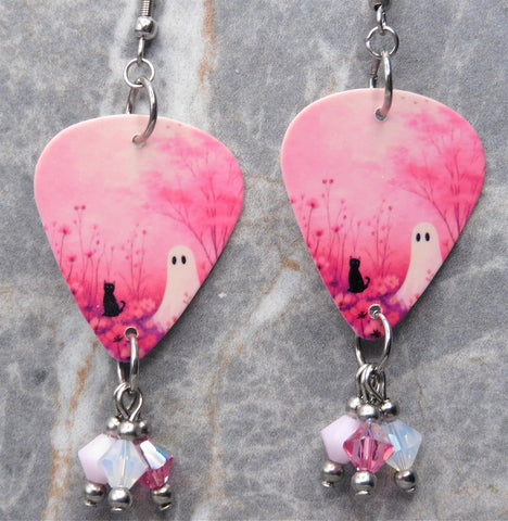 Ghost and Black Cat on Pink Guitar Pick Earrings with Swarovski Crystal Dangles