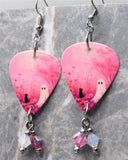 Ghost and Black Cat on Pink Guitar Pick Earrings with Swarovski Crystal Dangles