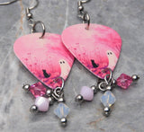 Ghost and Black Cat on Pink Guitar Pick Earrings with Swarovski Crystal Dangles