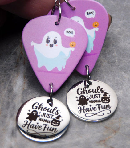 Ghost and a Jack o' Lantern Guitar Pick Earrings with Stainless Steel Ghouls Just Want to Have Fun Stainless Steel Charm Dangle