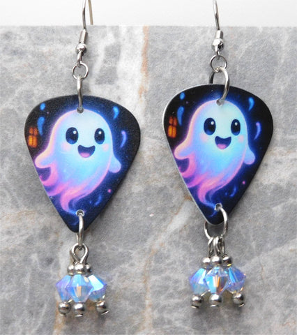 Adorable Ghost Guitar Pick Earrings with ABx2 Swarovski Crystal Dangles