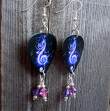 Purple Treble Clef Guitar Pick Earrings with Swarovski Crystal Dangles