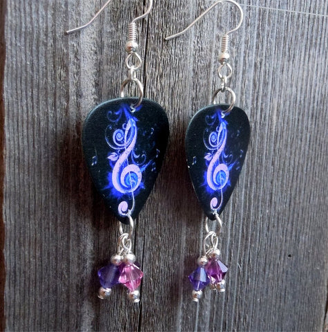 Purple Treble Clef Guitar Pick Earrings with Swarovski Crystal Dangles