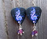 Purple Treble Clef Guitar Pick Earrings with Swarovski Crystal Dangles