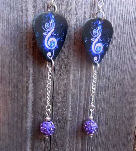 Purple Treble Clef Guitar Pick Earrings with Purple Pave Bead Dangles