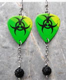 Green with Black Toxic Symbol Guitar Pick Earrings with Black Pave Bead Dangles
