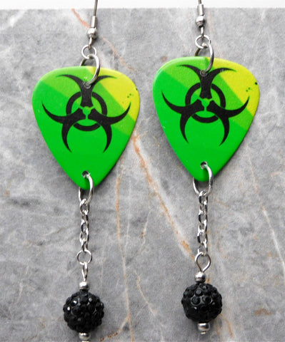 Green with Black Toxic Symbol Guitar Pick Earrings with Black Pave Bead Dangles