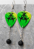 Green with Black Toxic Symbol Guitar Pick Earrings with Black Pave Bead Dangles