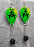 Green with Black Toxic Symbol Guitar Pick Earrings with Black Pave Bead Dangles