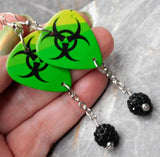 Green with Black Toxic Symbol Guitar Pick Earrings with Black Pave Bead Dangles