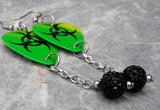 Green with Black Toxic Symbol Guitar Pick Earrings with Black Pave Bead Dangles