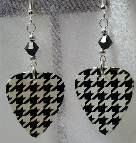 Black and White Houndstooth Guitar Pick Earrings with Black Swarovski Crystals