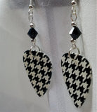 Black and White Houndstooth Guitar Pick Earrings with Black Swarovski Crystals