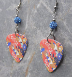 Origami Paper Patterned Guitar Pick Earrings with Blue Pave Beads
