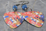 Origami Paper Patterned Guitar Pick Earrings with Blue Pave Beads