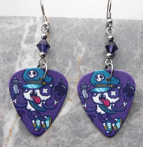 Gangster Panda Guitar Pick Earrings with Purple Swarovski Crystals