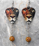 Lion Guitar Pick Earrings with Brown Pave Bead Dangles