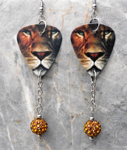 Lion Guitar Pick Earrings with Brown Pave Bead Dangles