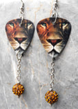 Lion Guitar Pick Earrings with Brown Pave Bead Dangles
