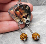 Lion Guitar Pick Earrings with Brown Pave Bead Dangles