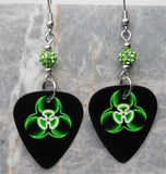 Green and Black Toxic Guitar Pick Earrings with Green Pave Beads