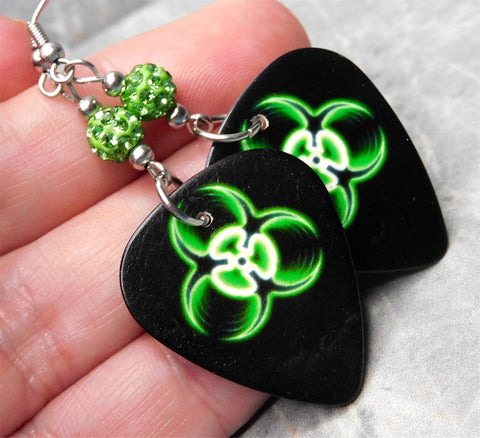Green and Black Toxic Guitar Pick Earrings with Green Pave Beads
