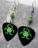 Green and Black Toxic Guitar Pick Earrings with Green Pave Beads