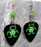 Green and Black Toxic Guitar Pick Earrings with Green Pave Beads