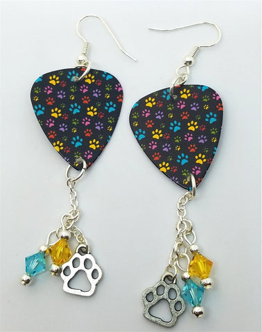 Colorful Paw Print Guitar Pick Earrings with Charm and Swarovski Crystal Dangles
