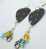 Colorful Paw Print Guitar Pick Earrings with Charm and Swarovski Crystal Dangles