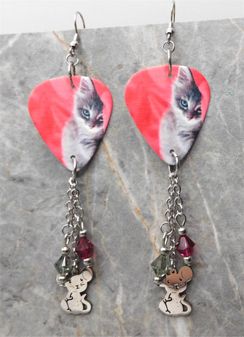Gray Tabby Cat Guitar Pick Earrings with Mouse Charm and Swarovski Crystal Dangles