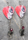 Gray Tabby Cat Guitar Pick Earrings with Mouse Charm and Swarovski Crystal Dangles
