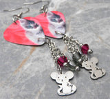 Gray Tabby Cat Guitar Pick Earrings with Mouse Charm and Swarovski Crystal Dangles