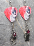 Gray Tabby Cat Guitar Pick Earrings with Mouse Charm and Swarovski Crystal Dangles
