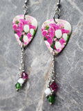 Pink and White Tulip Guitar Pick Earrings with Swarovski Crystal Dangles